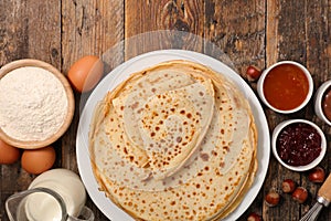 Crepe with ingredient, jam and chocolate