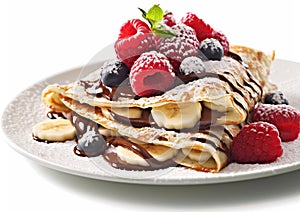 Crepe pancakes with banana,raspberry and blueberry with chocolate sauce on white background.Macro.AI Generative