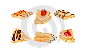 Crepes or Blinis with Different Stuffing Rolled and Folded in Triangle Shape Vector Set