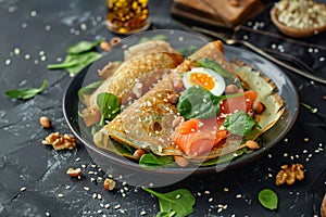 Crepes with eggs and salmon spinach
