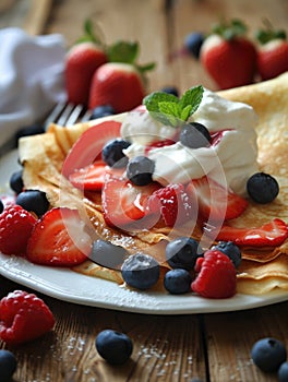 Crepes with fresh berries and cream