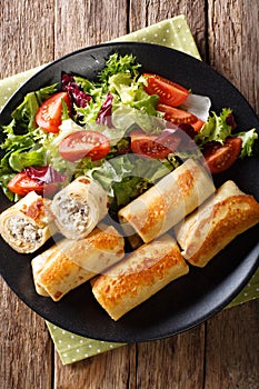 Crepes rolls with chicken, cheese and mushrooms close-up and veg