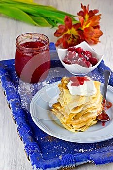 Crepes With Sour Cream and Homemade Strawberry Jam