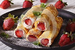 Crepes with strawberries and cream cheese close-up. Horizontal