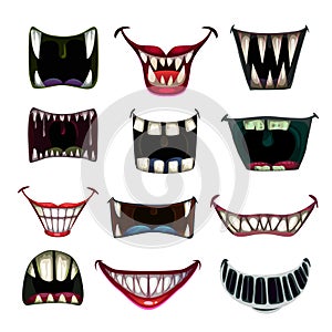 Creppy fantasy monsters mouth set. Vector scary jaws collection. photo