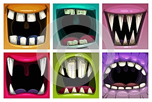 Creppy fantasy monsters mouth set. Vector scary jaws collection.