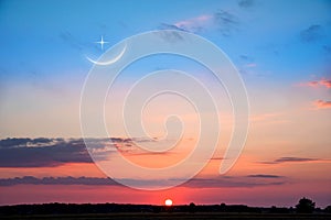 Crescent on the background of sunset, religion