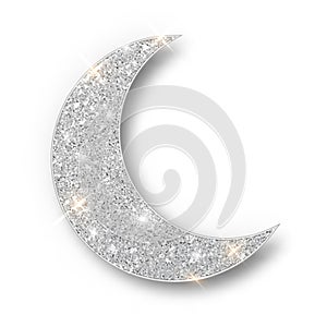 Crescent Islamic for Ramadan Kareem design element isolated. Silver glitter moon vector icon of Crescent Islamic