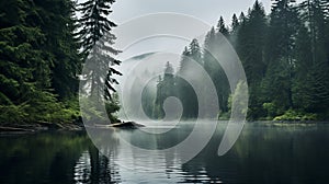 Crescent Lake With Deciduous Trees And Firs In Rainy Weather