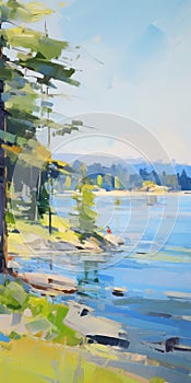 Vibrant Airy Scenes: Crescent Lake Painting In Iryna Yermolova Style photo