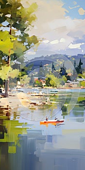 Digital Painting Of Two Men And A Boat On Water With Boats And Trees photo