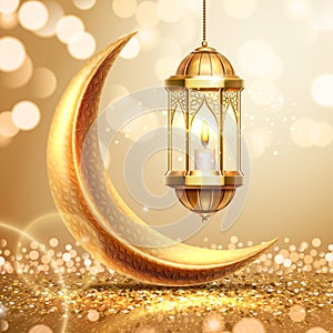 Crescent and lantern on ramadan greeting card.