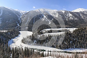 Crescent Moon Bend or Yue Liang Wan in Winter, Kanas Lake, Kanas Nature Reserve, Xinjiang, China