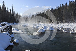 Crescent Moon Bend or Yue Liang Wan in Winter, Kanas Lake, Kanas Nature Reserve, Xinjiang, China