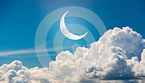 Crescent moon on blue sky with white clouds. World sleep day concept, copy space
