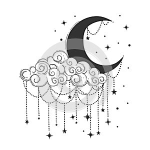 Crescent moon and cloud with decorations and stars. Celestial symbols for tarot, astrology, t-shirt printing. Womens