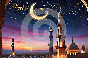 Crescent Moon Cradled in a Minaret\'s Silhouette Against Twilight Sky: Calligraphy Swirling with Phrases of Reverence