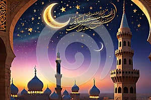 Crescent Moon Cradled in a Minaret\'s Silhouette Against Twilight Sky: Calligraphy Swirling with Phrases of Reverence