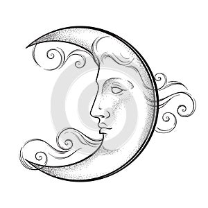 Crescent moon with face in antique style hand drawn line art and dotwork. Boho chic tattoo, poster, altar veil, tapestry or fabric