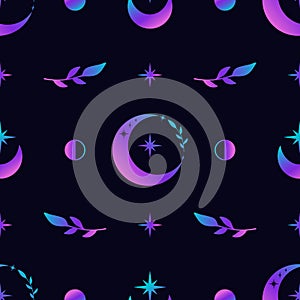Crescent moon and floral branch seamless pattern. Sacred Geometry background