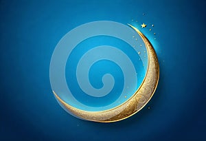 a crescent moon with gold trim and a blue background with stars arround the crescent