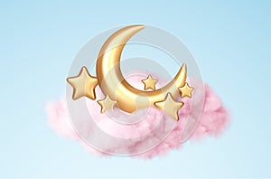 Crescent moon, golden stars and pink clouds 3d style isolated on blue background. Dream, lullaby, dreams background