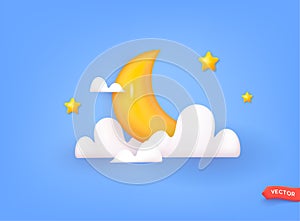 Crescent moon, golden stars and white clouds 3d style isolated on blue background. 3D Vector Web llustrations