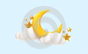 Crescent moon, golden stars and white clouds 3d style isolated on blue background. Dream, lullaby, dreams background