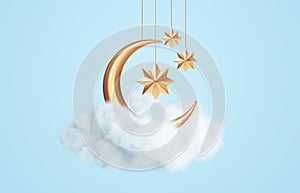 Crescent moon, golden stars and white clouds 3d style isolated on blue background. Dream, lullaby, dreams background