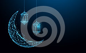 Crescent moon with hanging lamps Islamic Festival concept form lines and triangles, point connecting network on blue background.