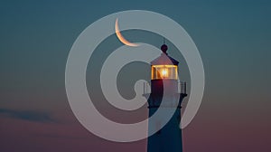 A crescent moon hangs low in the sky mirroring the shape of the glowing beacon atop the lighthouse and beckoning weary
