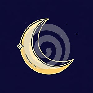 A crescent moon illustration on a deep blue background. The moon is stylized, with a