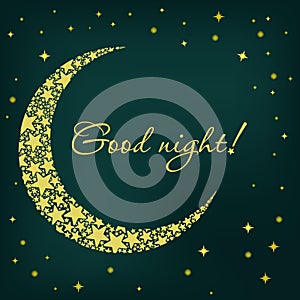 Crescent moon mysterious vector illustration, good night postcard