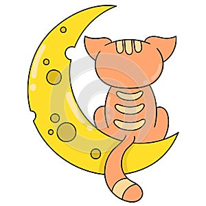 Crescent moon night with cat brooding, doodle icon image kawaii