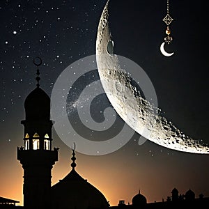 Crescent moon in the night sky