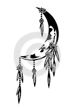 Crescent moon nighttime dream catcher black and white vector outline