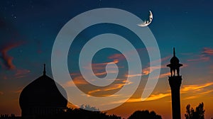 Crescent moon over Islamic mosque silhouette against twilight sky