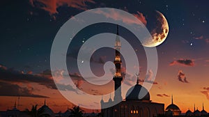 Crescent moon over Islamic mosque silhouette against twilight sky