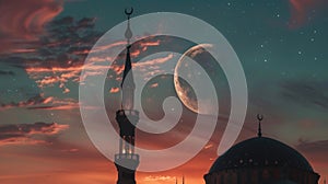 Crescent moon over Islamic mosque silhouette against twilight sky