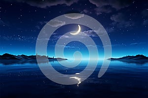 Crescent moon over the sea, stars, and a tranquil night