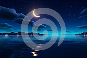 Crescent moon over the sea, stars, and a tranquil night