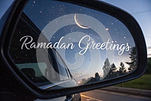 Crescent Moon and Ramadan Greetings Reflected in Car's Side View Mirror