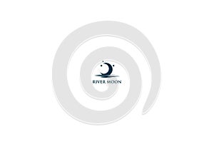 Crescent Moon with River Lake Creek Logo Design Vector