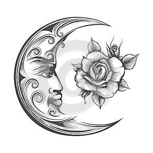 Crescent Moon and Rose Flower Esoteric Symbol Illustration