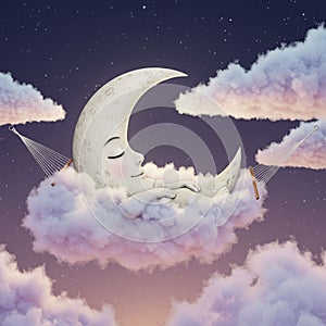 A crescent moon with a serene face is nestled in a cloud hammock among fluffy