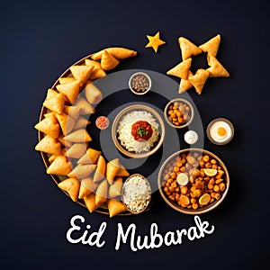 Crescent moon shape is formed using samosas arranged on a dark background. photo