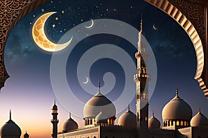 Crescent Moon Sighted from an Ornate Mosque\'s Minaret Against a Twilight Sky: Marking the Beginning of a Sacred Journey