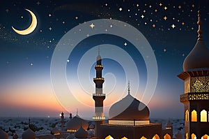 Crescent Moon Sighted from an Ornate Mosque\'s Minaret Against a Twilight Sky: Marking the Beginning of a Sacred Journey