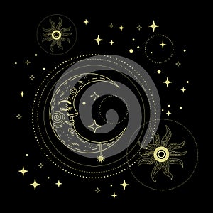 Crescent moon in the sky with stars linear hand drawing illustration