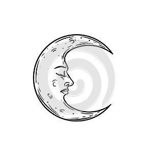 The Crescent Moon with sleeping face. Mystical heaven hand drawn illustration. Sketch style. Astrology and witchcraft symbol. Engr